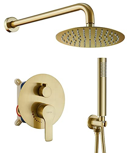 TIPOK Duschsystem in gebürstetem Gold, mit 20,3 cm rundem Duschkopf und Handbrause, Regenduschen-Armaturen-Komplettset, Duschkopfsystem, Wandmontage, für Badezimmer