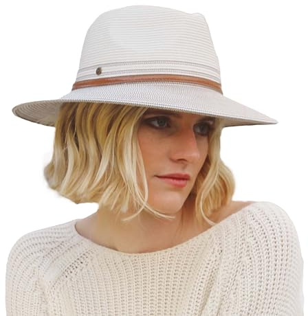 House of Ord Cape Town - Bella Fedora - Faltbarer Sonnenhut mit breiter Krempe für Damen - Sommerhut mit Kordelzug und schmalem Gürtel - Größe: M/L: 58 cm Farbe: Ivory/Stone