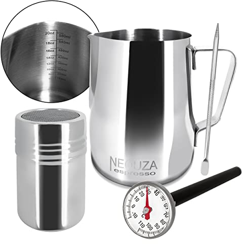 NEOUZA Brocca per latte da 600 ml, per caffè e caffè, con serbatoio in polvere, ago e termometro per macchina da caffè espresso (600 ml)