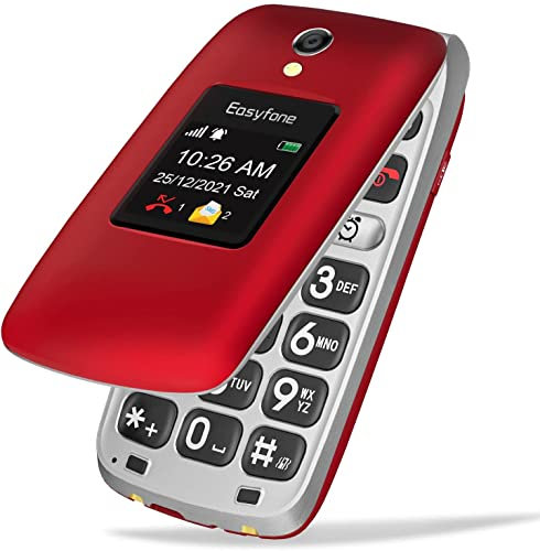 Easyfone Prime-A1 Pro 4G LTE SIM-Free Flip Mobile Phone for Seniors, 2.4'' HD Display, Large Fonts, Clear Sound, SOS Button, 1500mAh Battery with a Charging Dock (Red)