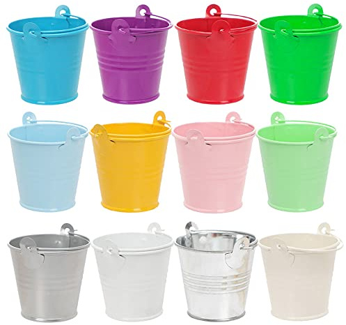 Hazrcvr 12 Stück Klein Bunt Blumentopf Hängend Metalleimer mit Griff | 4x5,3x6cm Kleine Eimer Blumentopf zum Aufhängen für Garten,Balkon,Terrasse,Hochzeit,Party,Taufe,Wohndekor