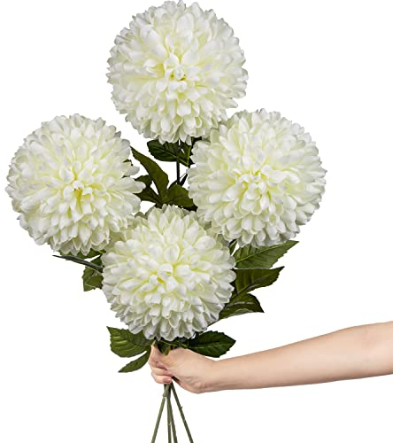 Hollyone 6'' Large Artificial Chrysanthemum Flowers with 25.6'' Long Stem, 4 pcs White Fake Silk Flowers Faux Ball Flower for Home Decor, Bridal, Wedding, Party, Garden, Floral Arrangement