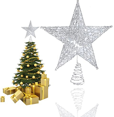 SUNCHE Stella Topper per Albero di Natale, 20 cm Cima in Metallo Glitter, Puntale Ornamento per Feste, Casa, Argento