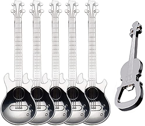 ESRISE Gitarrenförmiger Kaffeelöffel, 5 Stück, Silber, Edelstahl, Musik-Teelöffel, Niedlicher Teelöffel für Weihnachten, Geburtstag