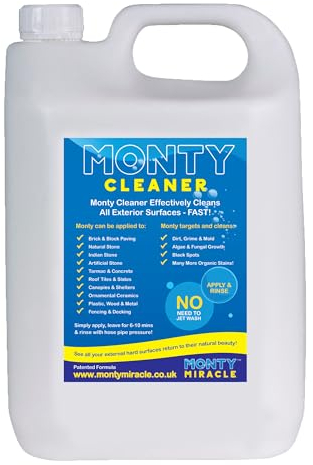 Monty Miracle® Outdoor Cleaner, 5 Litre. Clean & Rejuvenate your Patio, Decking, Fencing, Paths, Driveway, Render & More - Results in 6-10 Minutes! Slip free