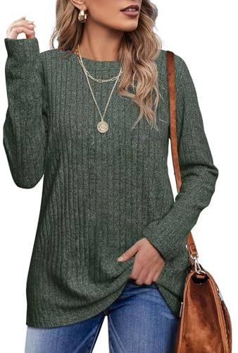 Jescakoo Damen Pullover Casual Rundhals Langarmshirt Leichtes Herbst Strickpullover Winer Oberteile Graugrün M