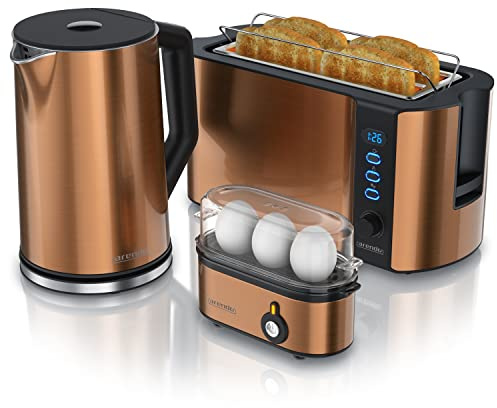 Ensembles Bouilloire et grille-pain et cuiseur à oeufs Bouilloire en inox 1,5L 40°-100°C, Grille-pain 4 Tranches Ecran LED 6 niveaux de brunissage Cuiseur à oeufs 1-3 oeufs Verre doseur, cuivre
