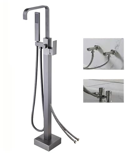 BiaoTeng Badewanne Freistehend Mit Armatur Wasserfall 360° Drehbarer Einhebelmischer 2 Funktionen Messing Wasserhahn Freistehend Badewanne, Grau