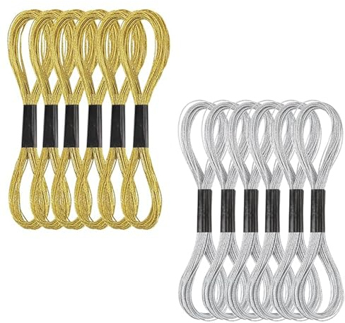 12 Stück Metallische Stickgarne, Stickerei Zahnseide, Kreuzstichfaden Gold, Goldenes und Silbernes Metallisches Garn, Glitzernde Sticktwist, für Stickgarn-Bastelarbeiten