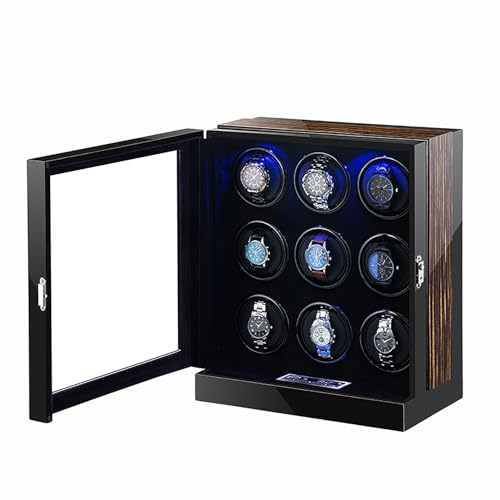 PAHION Automatisch Drehbarer Uhrenbeweger Für 9 Uhren Mechanische Uhrenbewegerbox Mit Automatikaufzug Aufbewahrungsbox Aus Holz Vitrine Mit LCD-Anzeige Blaues LED-Licht Leiser Mabuchi-Motor