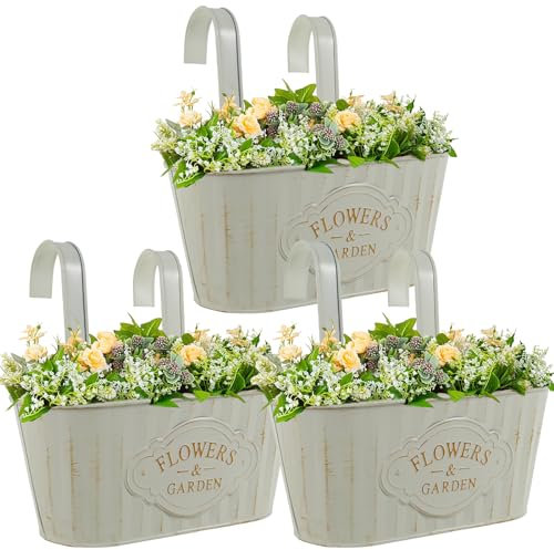 Sutowe 3pcs Métal Pots de Fleurs Suspendus,27cm Grands Pots de Fleurs à Suspendre, Seau à Fleurs Suspendu avec Crochet Amovible pour Balcon Clôture Balustrade Jardin Décoration d'Intérieur Exterieur