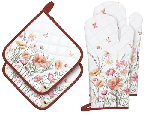 Arquiel Ofenhandschuh und Topflappen 4er Set, 100% Baumwolle Kochhandschuhe, Hitzebeständiger Küchenhandschuh Zum Kochen Backen Grillen Geschenk,Vintage-Wildblumen