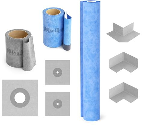 Isolbau 204G Bandset - Dicht-Set Innen und Außen - 10m Dichtband, 2x Innenecken, 1x Außenecke, 2x Wandmanschetten & 1x Wandmanschette 250mm, 4m Wannenband, 2m Dichtbahn Abdichtung Dusche Bad Wand