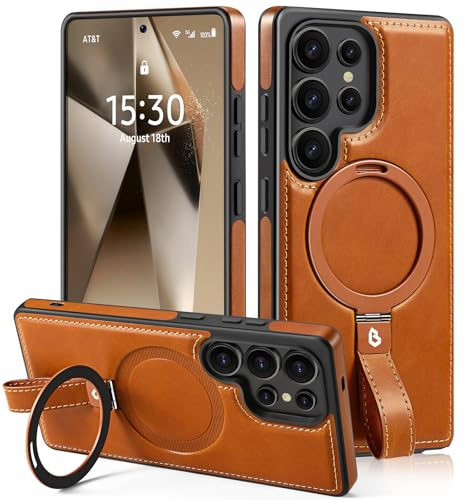 Lunivop for Samsung Galaxy s25 Ultra Case PU Leather With Kickstand Brown | 【Compatible with Magsafe】Grip Strap Lanyard Leather Ring Holder Kickstand Women Man Magnetic Phone Cases 6.9  2025