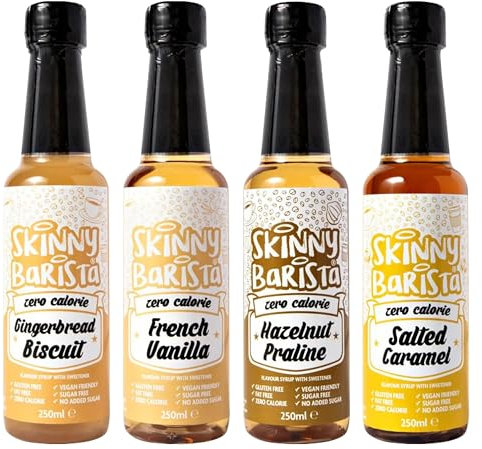 Skinny Food Co Sugar Free Coffee Syrup Gift Set - 4x250ml - French Vanilla, Salted Caramel, Gingerbread Biscuit, Hazelnut Praline - Zero Calorie Coffee Syrups