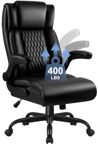 VENDORZ Big and Tall Office Chair 400LBS, Heavy Duty Executive Office Desk Chair with Flip-up Armrest, Ergonomic Swivel High Back Office Chairs with Lumbar Support, PU Leather, Black