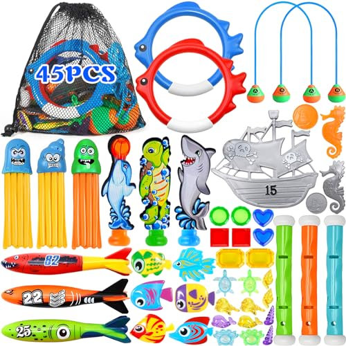 Purpledi Schwimmbad Tauchspielzeug Set 46PCS, Kinder Pool Spielzeug, Wasserspielzeug Outdoor für Kinder mit Tauchtür Tauchstöcke Edelsteine Pool Spielzeug Schwimmspielzeug für Tauchtraining Schwimmbad