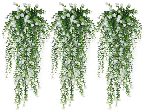AQCQDQ 3 fiori sospesi artificiali, edera, artificiali, in plastica, per la casa, il giardino, le feste di nozze (bianco)