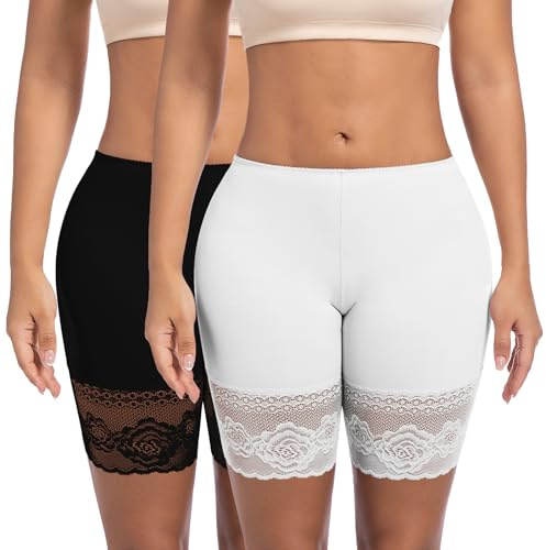 ONEW Underkläder, dam, under kjol, korta byxor, anti-skavning, cykelbyxor för klänning, anti-chafing, spets, sömlösa, ventilerande, slipshorts, trosor, underkläder, Svart + vit, M