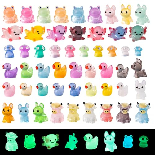 Nhemeylp 53pcs Luminous Mini Resin Animals Mixed, Tiny Resin Animals Miniature Little Small Duck Frog Mushroom Figures for Micro Landscape Fairy Garden Aquarium Dollhouse Decor