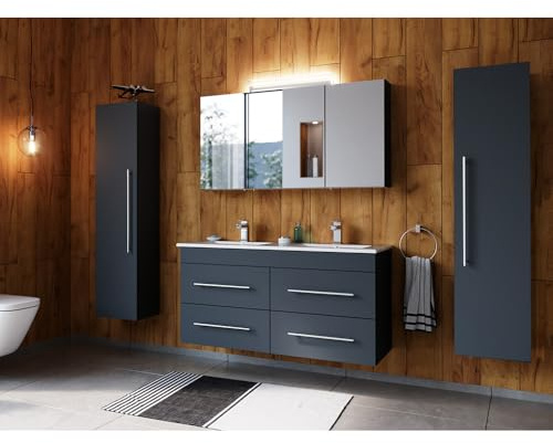 Lomadox Badmöbel Set 4-teilig mit Doppel-Waschbecken und 2 Hochschränken, in grau inkl. Spiegelschrank mit Aufsatzleuchte