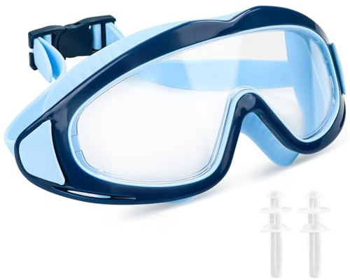 Occhialini da nuoto per bambini, 3-15 anni, anti-appannamento, impermeabili, maschera da snorkeling, 180°, panoramica, anti-perdita, per ragazzi e ragazze (blu)