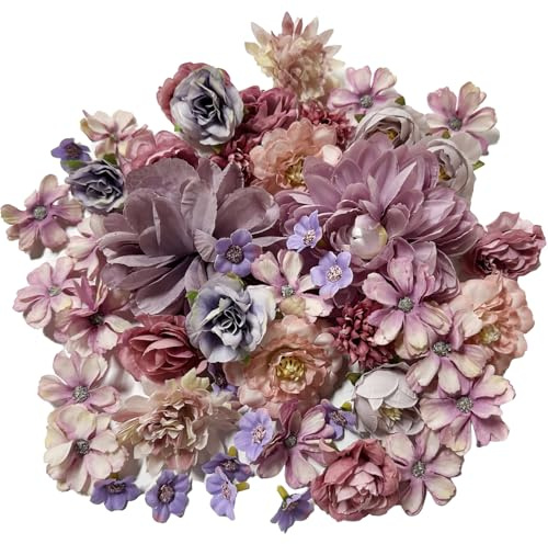 AlGuirnex Künstliche Blütenköpfe, mehrfarbig, für Kuchendekorationen, Seidenblumen, Rosen für Kranz, Haarschmuck, Blumenstrauß, Party, Zuhause, Garten, Dekoration, Lila, 50 Stück