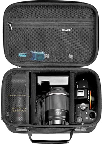 RAIACE Custodia rigida compatibile con fotocamere Sony Alpha 7 II III IV/7R V, per Nikon, per Canon, per Pentax e altre. Ampia capacità con tasca a rete per obiettivo, schede e accessori. - Nero
