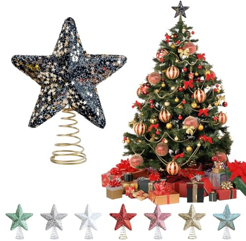 Weihnachtsbaumspitze, Glitzer, Weihnachtsbaum-Sternspitze, Ornament, 15 cm, bruchsichere Weihnachtsbaumspitze mit Spiralboden, für Heimdekoration, Schwarz