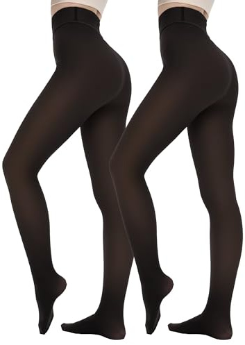 CAMPSNAIL 2 Pairs Fleece Lined Tights for Women Opaque Thermal Leggings Uk | Fake Translucent Pantyhose Ladies with High Waisted Tummy Control, Stretchy Shaping Sheer Black Thick Winter Warm Stocking
