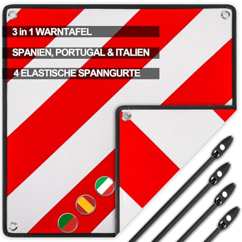 Warntafel für Italien Spanien und Portugal Fahrradträger, 3 In 1 Alu Rot Weiß Reflektierend Warnschild, für Wohnmobil, Fahrradträger, Wohnwagen mit 4X Spannseile 50x50CM