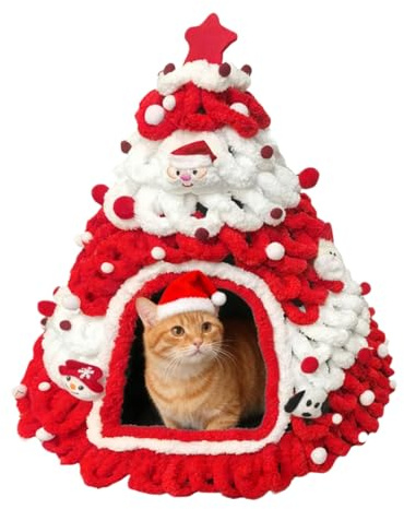 Casa de Gatos de Navidad - Refugio con diseño de árbol, de Punto, diseño navideño, cálida casa de Gatos, Cama para Cachorros y Mascotas pequeñas, para Interiores y Exteriores, hogar e Invierno
