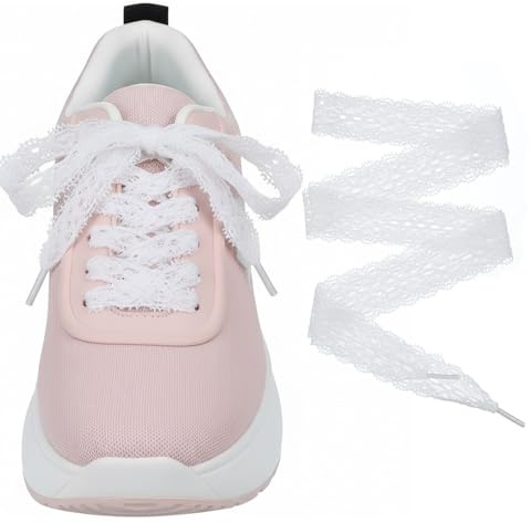 Thinp Lot de 2 paires de lacets en dentelle blanche - Largeur : 3 cm - Dentelle plate - Pour femme - Chaussures de sport - Chaussures de course - Blanc - 140 cm