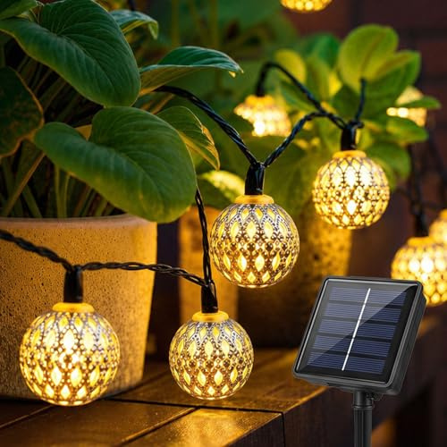 EHIOG Marokkanischen Orb Schnurlichter, Lichterkette Aussen 12M 100 LED, IP65 Wasserdicht Silber Kugel Lichterkette Solarlampen, Modi Solarlichterkette Outdoor für Balkon, Garten, Partys Warmweiß