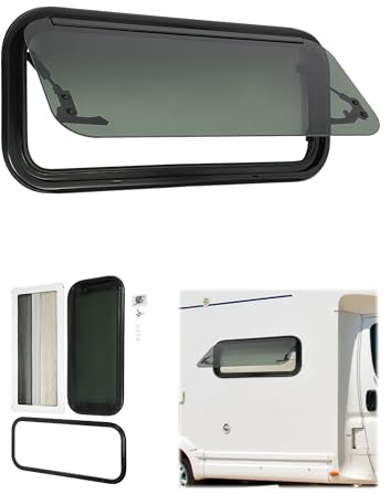 DIFU Fenêtre de caravane E4 Fenêtre de camping-car 700 x 300 mm En verre trempé Fenêtre de camping-car basculante à 85° avec moustiquaire et store | Protection contre les insectes, le soleil et les
