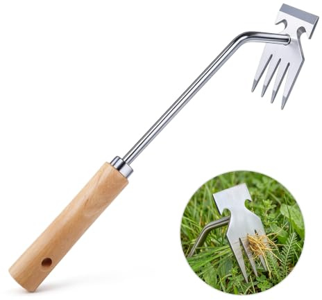 flintronic Désherbeur Manuel, Arrache Mauvaise Herbe en Acier Inoxydable Épaissies, Poignée en Bois Massif, Outil de Désherbage pour Jardinage, pour Éliminer Les Mauvaises Herbes Tenaces, Mousse,etc.