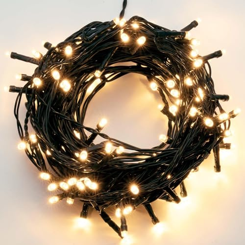 hellum Lichterkette außen LED 120 warmweiße Mini-LEDs, beleuchtete Länge 11,9 m, grünes Kabel, Lichterkette mit Stecker und 6h-Timer für Garten, Terrasse & Balkon, IP44-Transformator, <59lm 577372