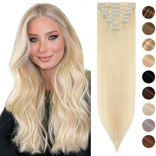 Silk-co Echthaar Clip In Extensions 8 Tressen 18 Clips 50g, Blonde Hair Extensions, Remy Echthaar Clip In Extensions Haarverlängerung 613# Bleichblond 25cm