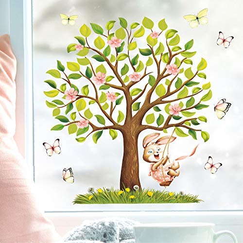 Wandtattoo Loft Fensterbilder Frühling Hase auf Baumschaukel Motiv – A4 Bogen Wiederverwendbar – Frühlingsdeko Fenster, Frühlingsbild Fenster, Fensterdeko Frühling, Fensterfolie Frühling Selbstklebend