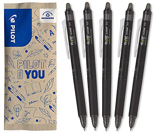 Pilot - Set om 5 Frixion Point Clicker, kulspetspennor 0,5 mm, raderbart värmekänsligt bläck, 5 x svarta, kulspetspenna med fin spets, kan fyllas på, magisk penna