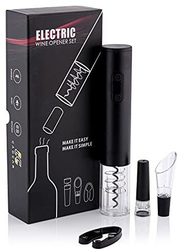 CADCAR Electric Wine Bottle Opener Gift Set with Aerator Pourer, Foil Cutter, and Reusable Stopper, Automatic Corkscrew Puller, Automatic and Cordless, Battery Powered Extractor