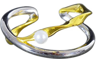 NicoWerk Anello da Donna in Argento Asimmetrico Argento 925 Dorato Incrociato Doppia Fila Perla Bicolore Regolabile Aperto SRI758