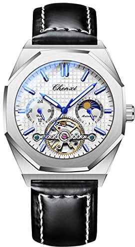 rorios Herrenuhren Leuchtende Uhren Automatik Mechanische Armbanduhr Skelettuhren mit Lederarmband Mode Tourbillon Uhr