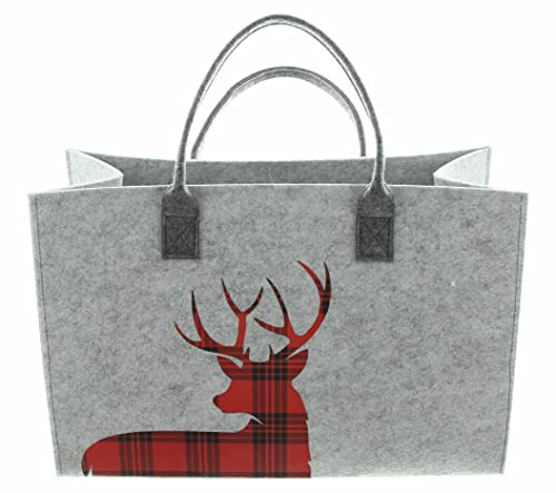Dekoleidenschaft Filztasche Hirsch grau mit rot-schwarz kariertem Motiv, Einkaufstasche, Shopper