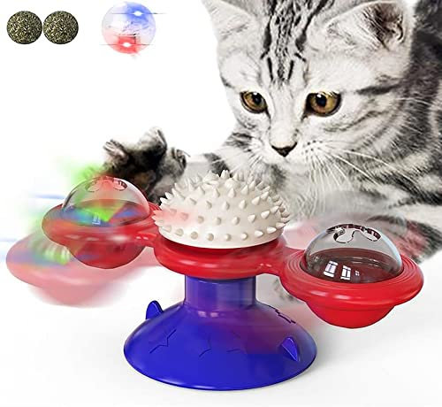 USB Cat Toys for Indoor Cats,Interactive Cat Toy with Suction Cup Windmill Kitten Toys Cat Toothbrush Toy Kitty Toys with Turntable Massage Scratching Tickle for Cats Kitten Kitty（Blue/Red -Blue