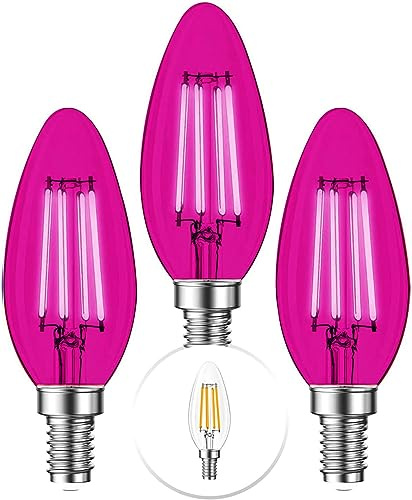 3 Pack E12 Filament LED Pink Light Bulbs – E12 Candelabra Bulb 4W 40 Watt Equivalent - Vintage Decorative Lighting Pink LED Bulb Party Decoration, Porch, Halloween Light Bulbs