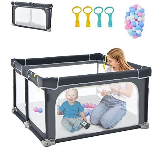 LIFEZEAL Laufstall Baby Faltbar, Laufgitter Baby 120 x 120 cm, Krabbelgitter mit Atmungsaktivem Netz & 6 Sicherheitsschloss, Baby Playpen Set mit 50 Bällen & 4 Zugringen
