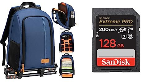 TARION TB-02 Sac a Dos Photo Ordinateur Sac Appareil Photo Compact pour Appareil Photo avec Laptop 15 avec Housse de Pluie et Support Trépied & SanDisk 128Go Extreme PRO carte SDXC + RescuePRO Deluxe