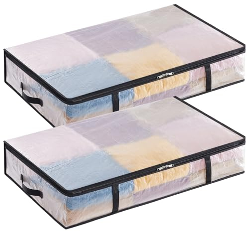 Lifewit 2 Stück Transparente Plastik Unterbett Aufbewahrungstasche, 60L Unterbettkommode Aufbewahrungsbox mit Decke Aufbewahrungstasche Kleidung mit Verstärktem Griff für Bettdecken, Kleidung, Decke