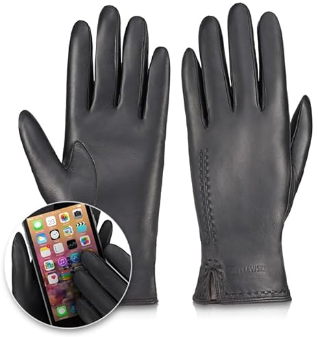 BETLEWSKI - Damen Handschuhe aus Schafsleder gefüttert - Warme Winter Lederhandschuhe für Damen in Schwarz mit Wollfutter - Winterhandschuhe für Touchscreens - Modell Scarlett iTouch - XXL